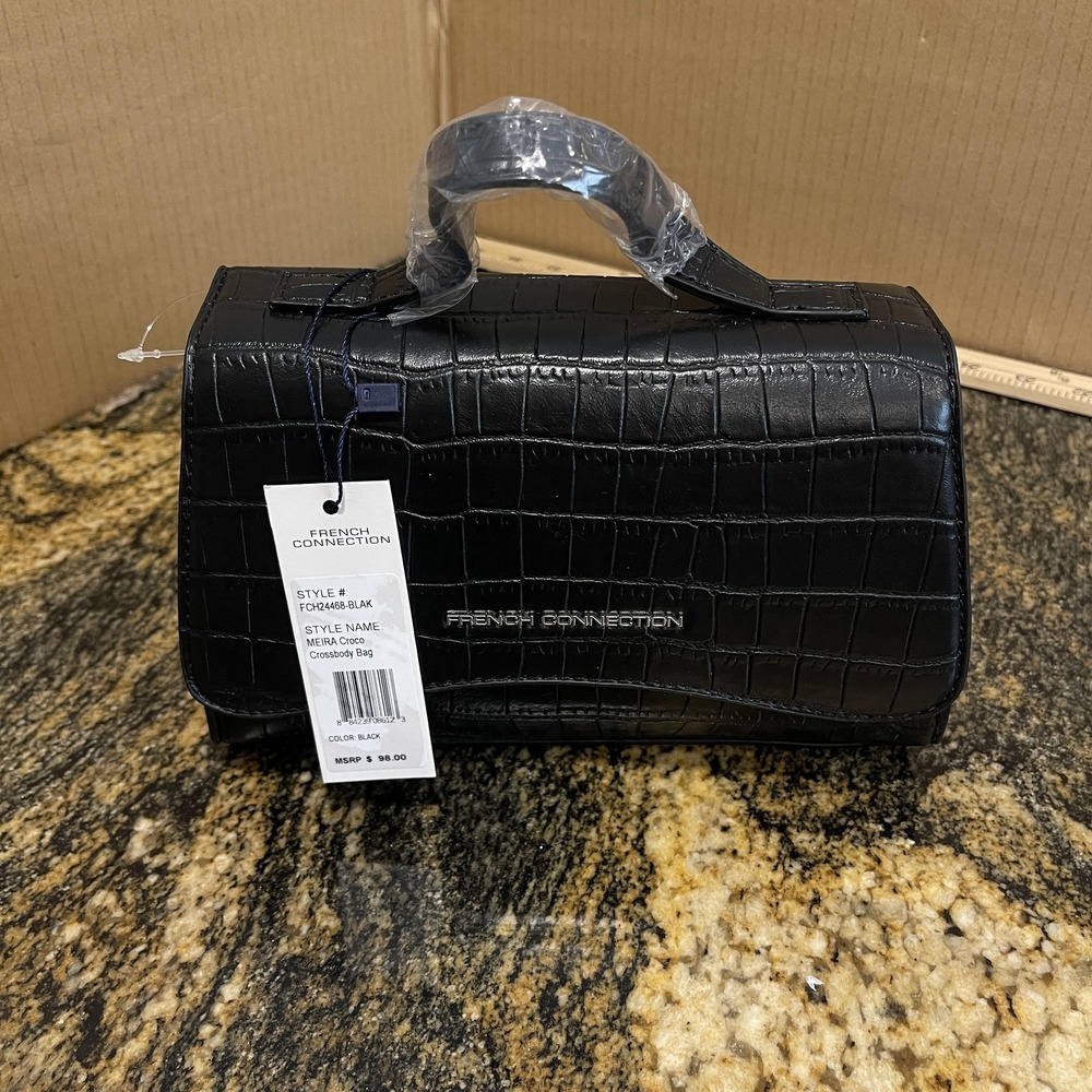 French Connection Crossbody Bag Purse Womens Black Meira Croco FCH24468-BLAK
